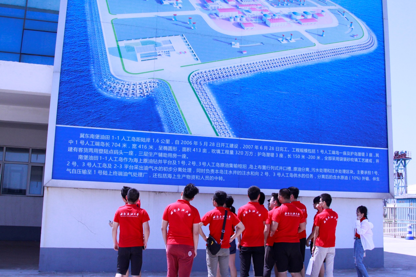 图8 队员们在看南堡油田1号岛的鸟瞰图
